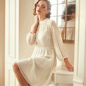 ModCloth Sheerly Blessed Dress XL Ivory Chiffon Dot Knee Length Wedding Bridal